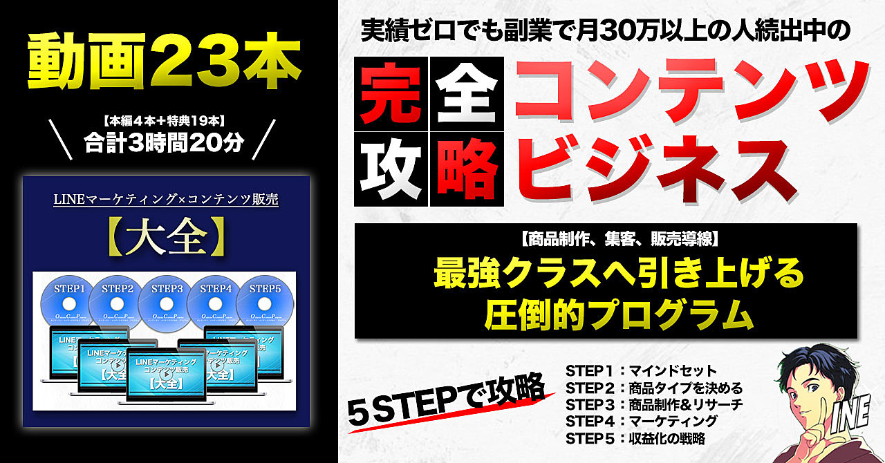 コンテンツ販売ビジネス【完全攻略】強制的に最強クラスへ引き上げる!実績ゼロでも副業で月30万円以上続出中の圧倒的プログラム